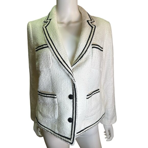 Talbots Piped Tweed Jacket Raw Edge Ivory Cotton Blend  Office Size 14 P EUC - Picture 1 of 6